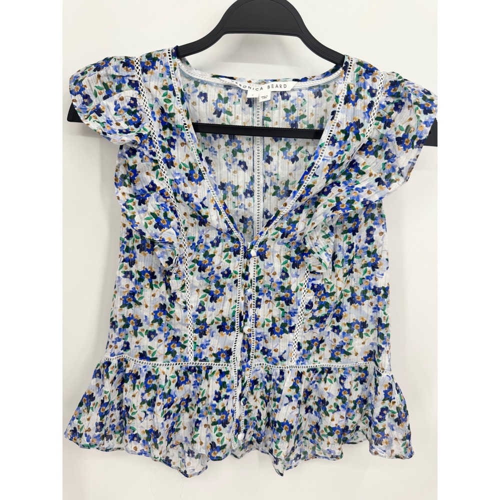 Veronica‎ Beard Floral Blouse Women 2 Blue Ruffle Lace Trim Peplum Top